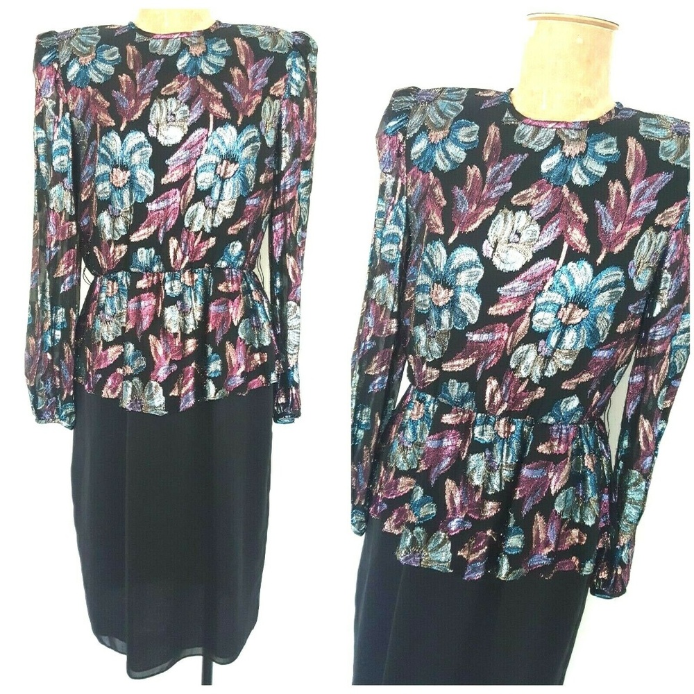 Vintage 80s Metallic Floral Cocktail Party Dress Medium Modest